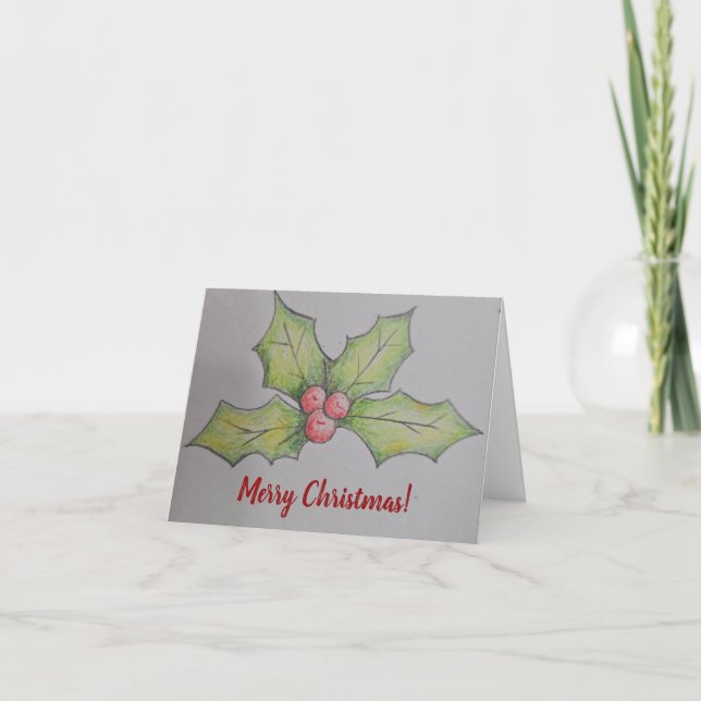 Merry Christmas Holly Leaves and Berries Note Card (Front)