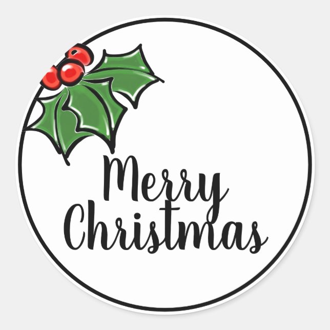 Merry Christmas holly leaves berries Classic Round Sticker (Front)