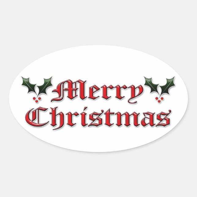 Merry Christmas - Holly Oval Sticker (Front)