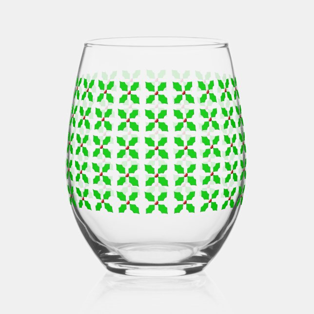 Merry Christmas Holly Patterned Stemless Wine Glass (Front)