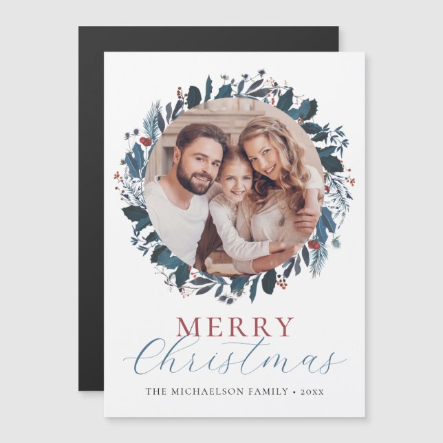 Merry Christmas Holly Photo Holiday Magnet Card (Front/Back)