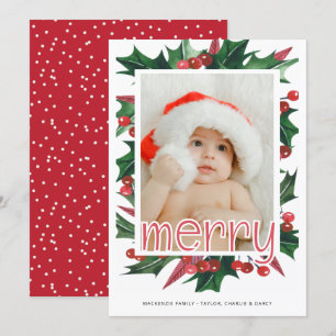 Merry Christmas Holly Photo Personalized Holiday Card