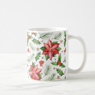 Merry Christmas Holly Poinsettia Flower Holiday Coffee Mug