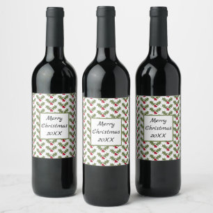 Merry Christmas Holly Red Berries Green Leaves Wine Label