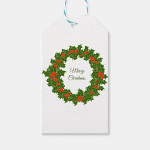 Merry Christmas holly red berry wreath Gift Tags