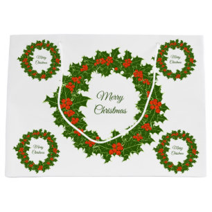 Merry Christmas holly red berry wreath Large Gift Bag