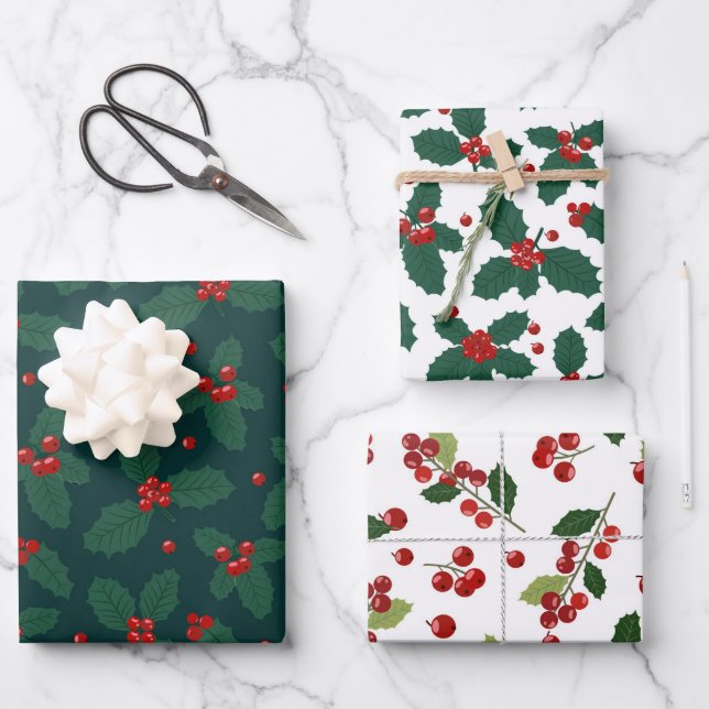 Merry Christmas Holly Red Green White Holiday Wrapping Paper Sheet (Front)