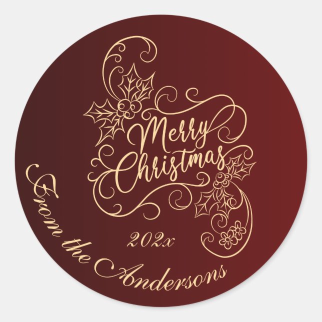 Merry Christmas Holly Red Greeting Holiday Classic Round Sticker (Front)