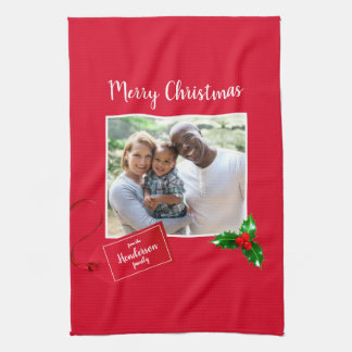 Merry Christmas  Holly Sprig - Custom Photo - Kitchen Towel