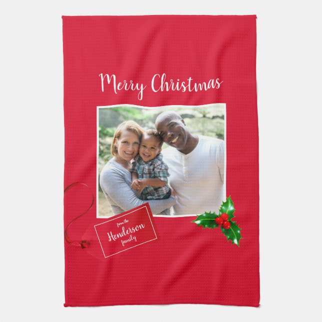 Merry Christmas  Holly Sprig - Custom Photo - Kitchen Towel (Vertical)