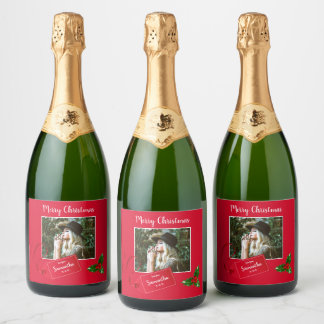 Merry Christmas  Holly Sprig - Custom Photo - Sparkling Wine Label