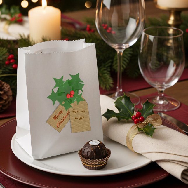 Merry Christmas Holly Sprig Personalized Favour Ba Bag (A festive favor bag with space for your to add your name)