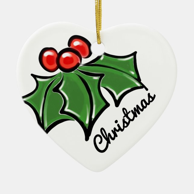 Merry Christmas Holly Sprigs Ceramic Ornament (Front)