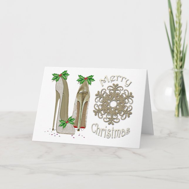Merry Christmas Holly Stiletto Greeting Holiday Card (Front)