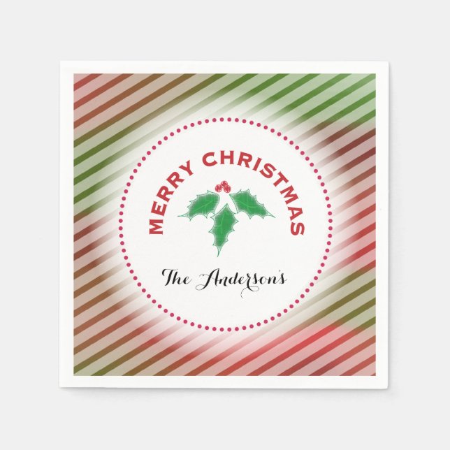 Merry Christmas Holly Stripe Pattern Napkin (Front)