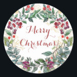 Merry Christmas Holly Wreath Classic Round Sticker<br><div class="desc">Merry Christmas  holly wreath stickers with script typography for your gift packages or greeting card envelope seals.</div>