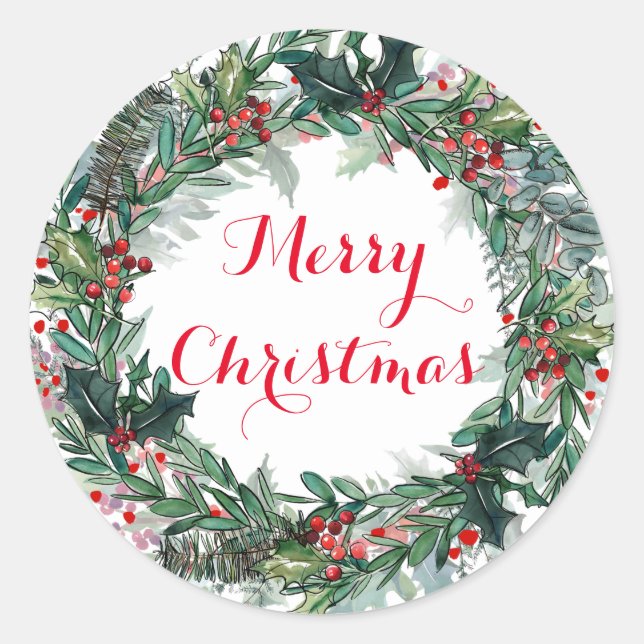 Merry Christmas Holly Wreath Classic Round Sticker (Front)
