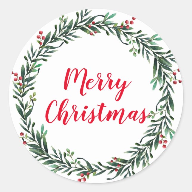 Merry Christmas Holly Wreath Classic Round Sticker (Front)