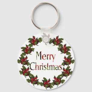 Merry Christmas: Holly Wreath, Pine Cones: Art Keychain