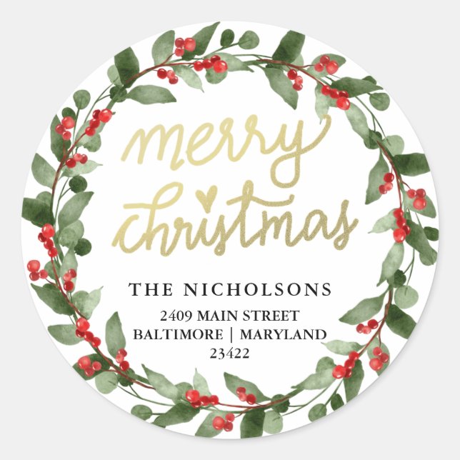 Merry Christmas Holly Wreath | Return Address Classic Round Sticker (Front)