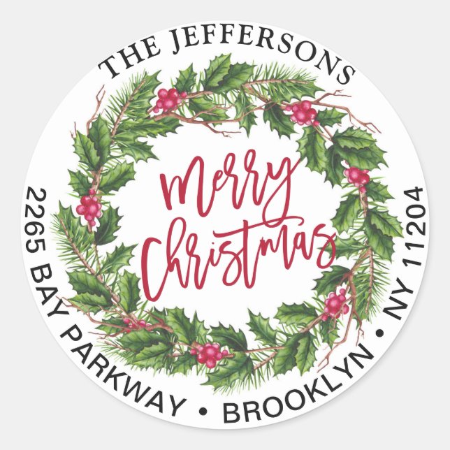Merry Christmas Holly Wreath Return Address Labels (Front)