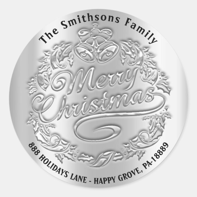 Merry Christmas Holly Wreath RSVP Bells Silver  Classic Round Sticker (Front)
