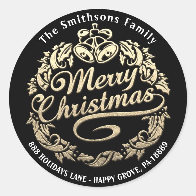 Merry Christmas Holly Wreath RSVP Gold Black White Classic Round Sticker (Front)