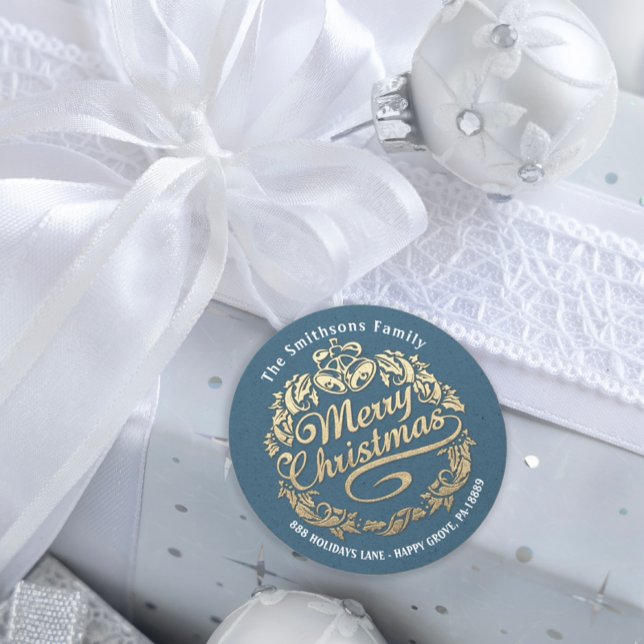Merry Christmas Holly Wreath RSVP  Gold Blue Classic Round Sticker (Merry Christmas Holly Wreath RSVP Gold Blue Classic Round Sticker)