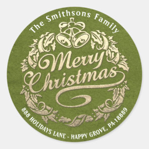 Merry Christmas Holly Wreath RSVP  Gold Green Classic Round Sticker