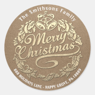 Merry Christmas Holly Wreath RSVP  Gold Kraft Classic Round Sticker