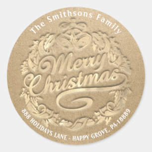 Merry Christmas Holly Wreath RSVP Gold Kraft Classic Round Sticker