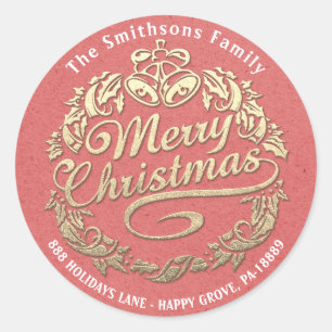 Merry Christmas Holly Wreath RSVP Gold Kraft Coral Classic Round Sticker