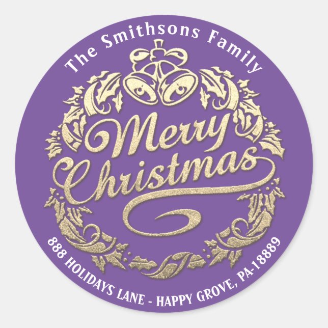 Merry Christmas Holly Wreath RSVP Gold Purple Classic Round Sticker (Front)