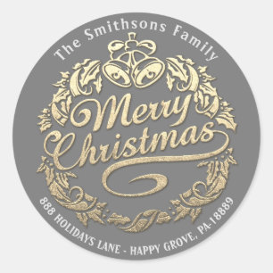 Merry Christmas Holly Wreath RSVP Gold Royal Grey Classic Round Sticker