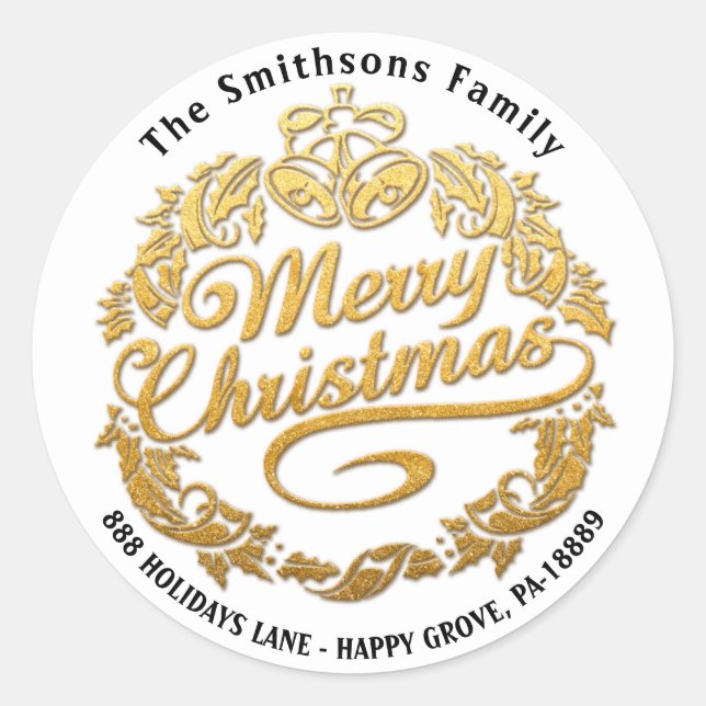 Merry Christmas Holly Wreath RSVP  Gold White Classic Round Sticker (Front)