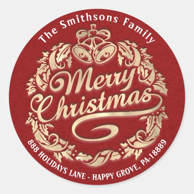 Merry Christmas Holly Wreath RSVP Red Gold Kraft Classic Round Sticker (Front)