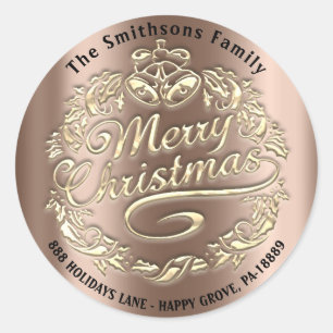 Merry Christmas Holly Wreath RSVP Rose Gold Bells Classic Round Sticker
