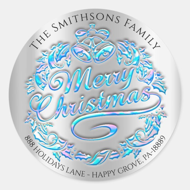 Merry Christmas Holly Wreath RSVP Silver Blue Classic Round Sticker (Front)