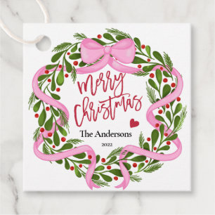 Merry Christmas Holly Wreath Rustic Typography  Favour Tags
