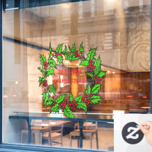 Merry Christmas Holly Wreath With Berries  Window Cling