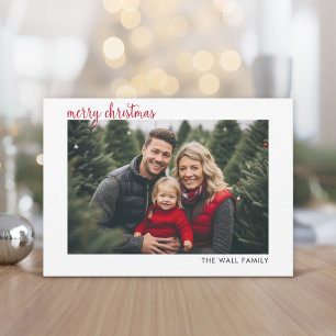Merry Christmas Horizontal Photo Modern Script Red Holiday Card