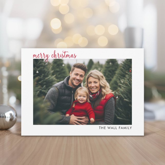 Merry Christmas Horizontal Photo Modern Script Red Holiday Card (Modern and Minimal Christmas Greeting Card)