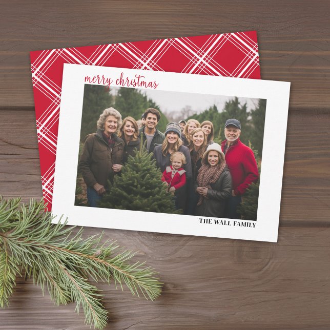Merry Christmas Horizontal Photo Modern Script Red Holiday Card (Modern Christmas Card with 1 Photo - Download Option Available)