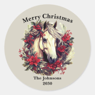 Merry Christmas Horse Wreath  Classic Round Sticker