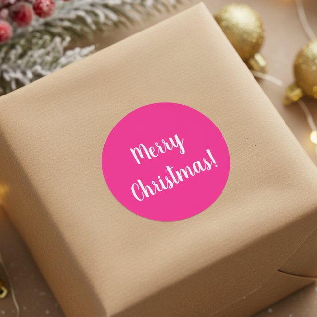 Merry Christmas Hot Pink and White Classic Round Sticker (Creator Uploaded)