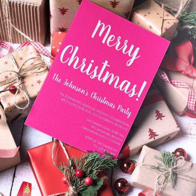 Merry Christmas Hot Pink Christmas Party Invitation (Creator Uploaded)