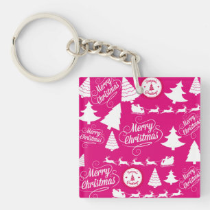 Merry Christmas Hot Pink Holiday Xmas Design Keychain