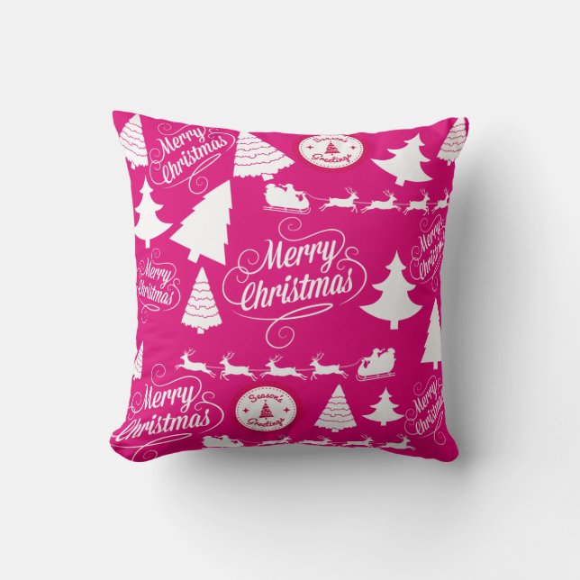 Merry Christmas Hot Pink Holiday Xmas Design Throw Pillow (Front)