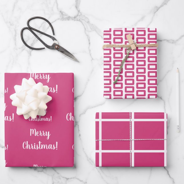 Merry Christmas Hot Pink Pattern Wrapping Paper Sheet (Front)