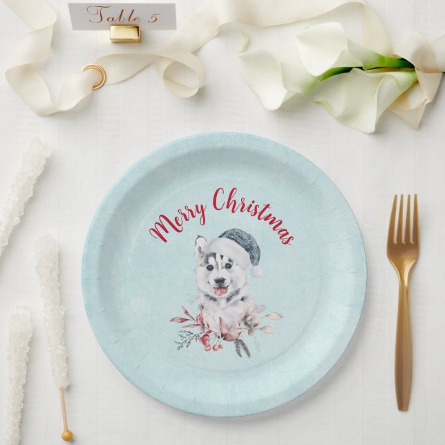 Merry Christmas Husky Dog in a Santa Hat Paper Plate (Wedding)